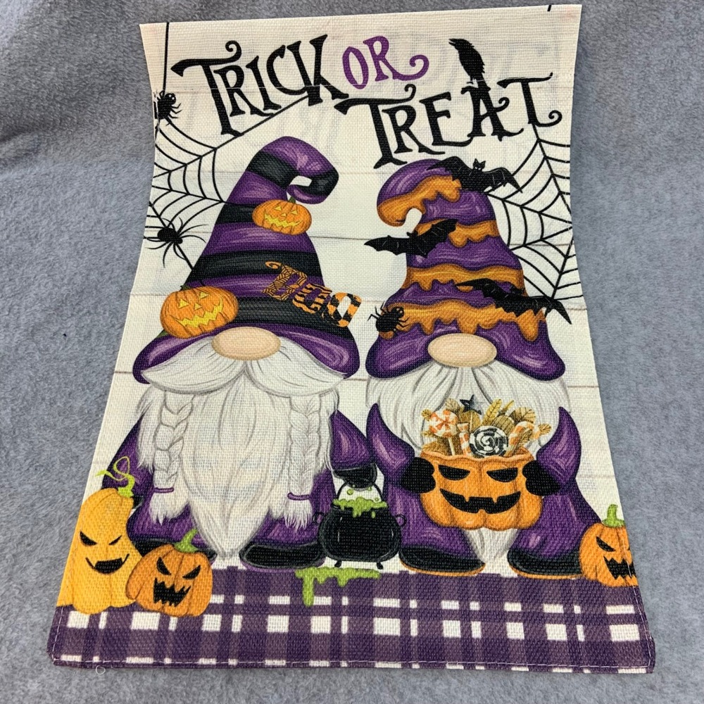Trick or Treat Halloween Garden Flag Gnomes Pumpkins Purple Orange 12x18 NWOT